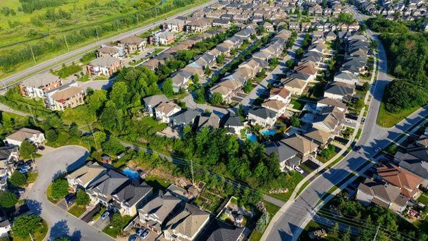 the aerial view of a suburban neighborhood
